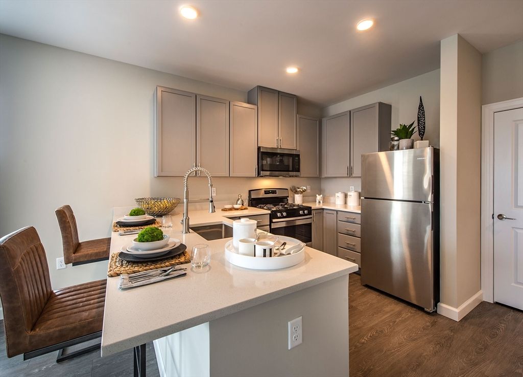 Interior, Kitchen, Recessed Lighting, Stainless Steel Appliances, Wood Texture Flooring