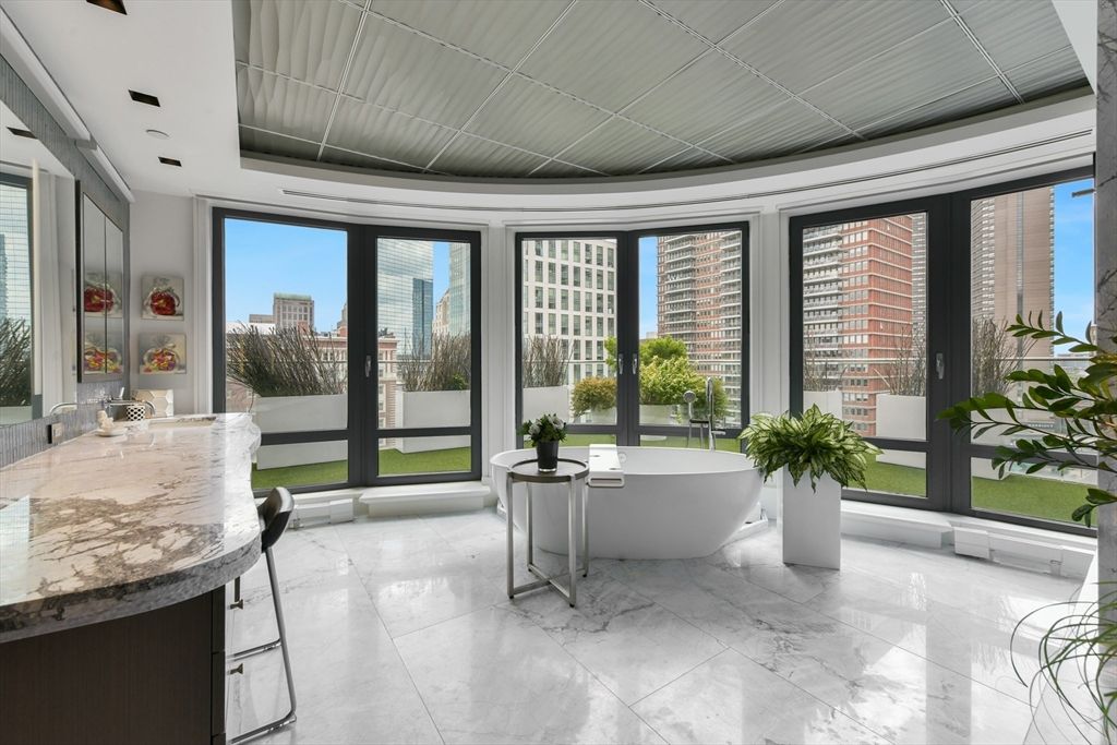 Bathroom, Free Standing Baths, Interior, Marble, Recessed Lighting