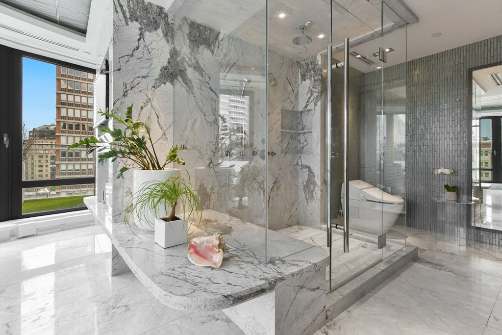 Bathroom, Glass Shower, Interior, Marble, Marble Walls, Recessed Lighting