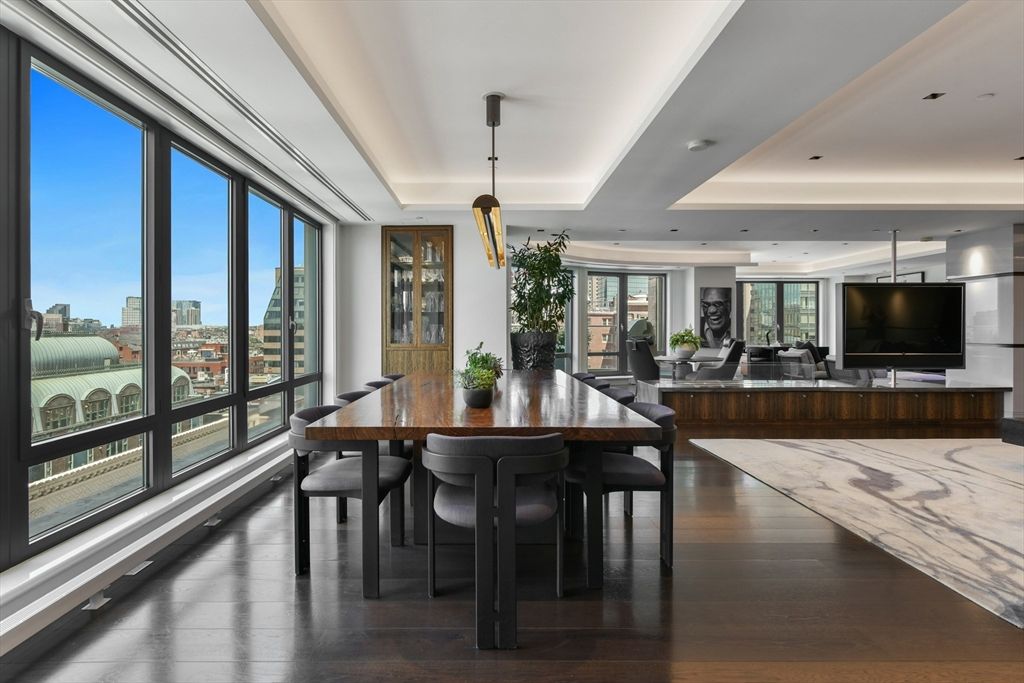 Dining room, Interior, Pendant Lights, Recessed Lighting, Wood Texture Flooring