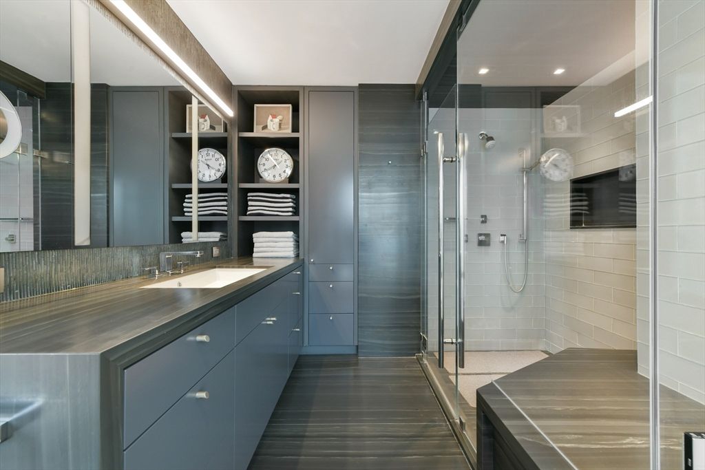 Bathroom, Glass Shower, Interior, Recessed Lighting, Wood Texture Flooring