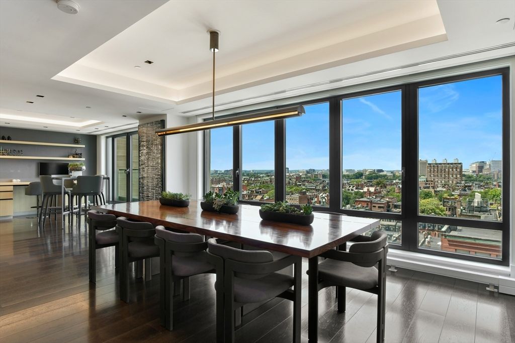 Dining room, Interior, Pendant Lights, Recessed Lighting, Wood Texture Flooring