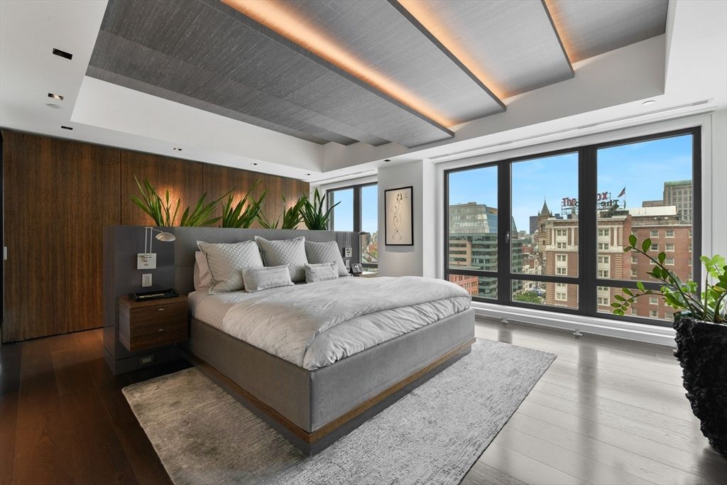 Bedroom, Interior, Recessed Lighting, Wood Texture Flooring, Wooden Walls