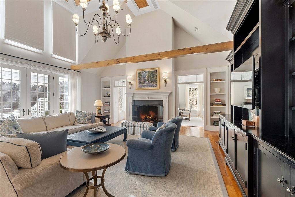 Chandelier, Fireplace, Interior, Living room, Wooden Beams, Wood Texture Flooring