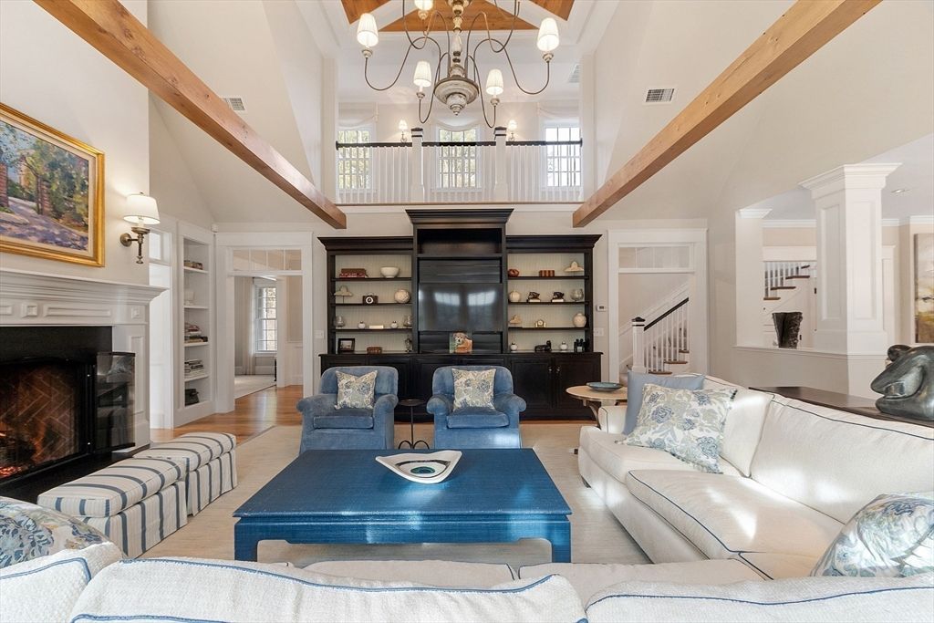 Chandelier, Fireplace, Interior, Living room, Wooden Beams, Wood Texture Flooring