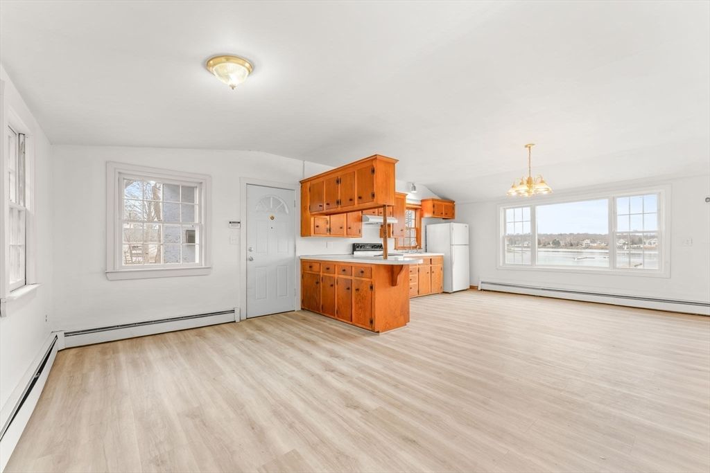 Empty room, Interior, Kitchen, Pendant Lights, Wood Texture Flooring