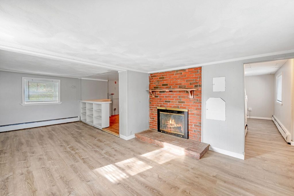 Empty room, Fireplace, Interior, Stone Walls, Wood Texture Flooring