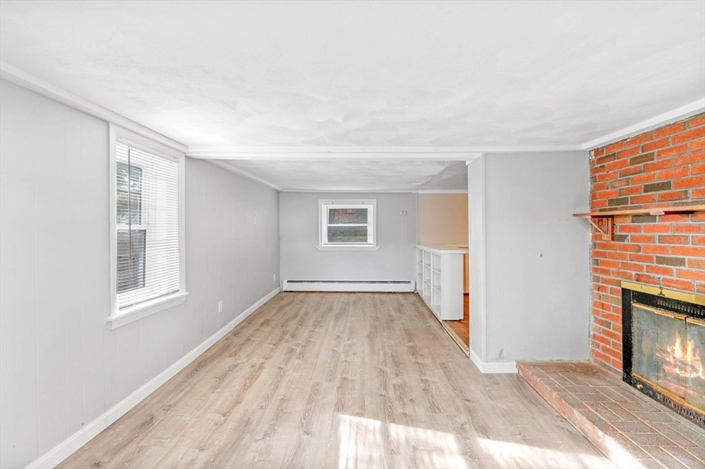 Empty room, Fireplace, Interior, Stone Walls, Wood Texture Flooring