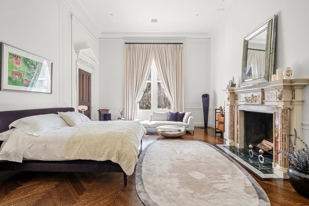 Bedroom, Fireplace, Interior, Recessed Lighting, Wood Texture Flooring