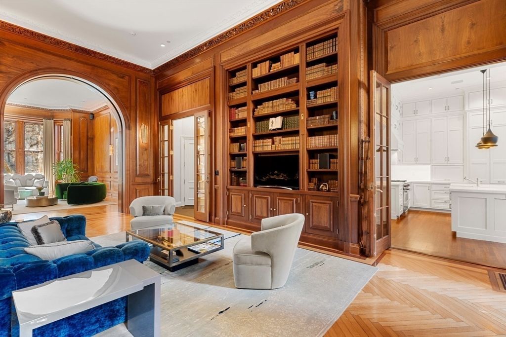 Interior, Living room, Pendant Lights, Recessed Lighting, Wood Texture Flooring, Wooden Walls