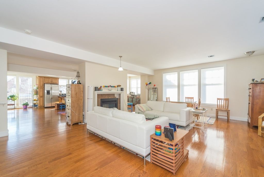 Fireplace, Interior, Kitchen, Living room, Pendant Lights, Wood Texture Flooring