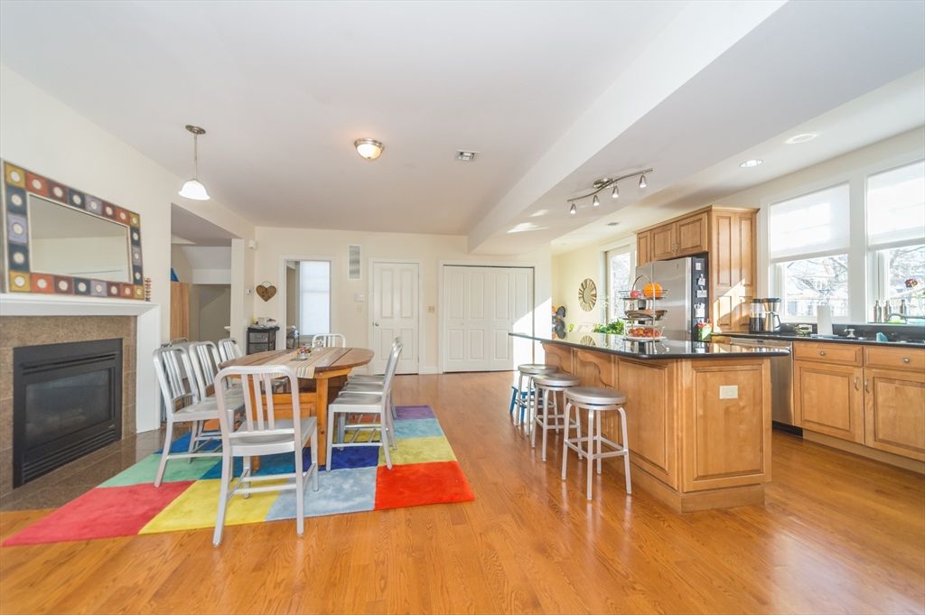 Dining room, Fireplace, Interior, Kitchen, Pendant Lights, Recessed Lighting, Wood Texture Flooring