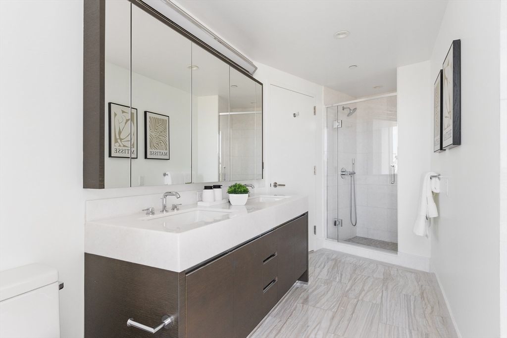 Bathroom, Dual Sink Vanities, Glass Shower, Interior, Marble, Recessed Lighting