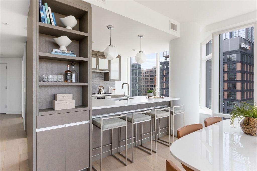 Dining room, Interior, Kitchen, Pendant Lights, Wood Texture Flooring