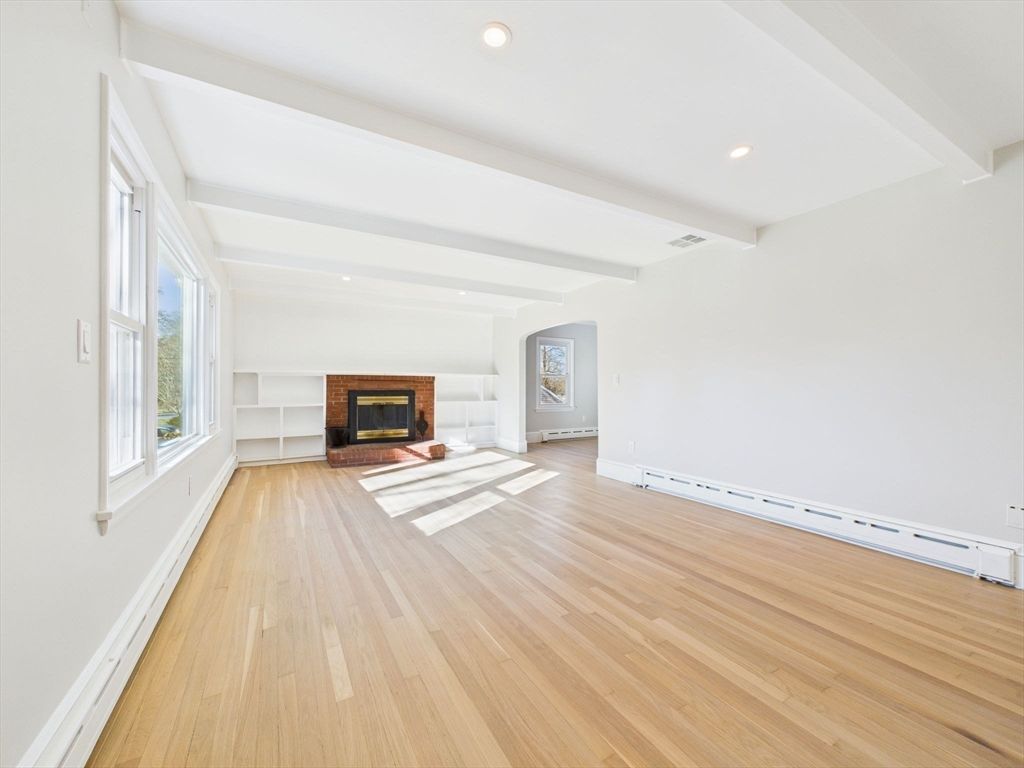 Empty room, Fireplace, Interior, Recessed Lighting, Wood Texture Flooring