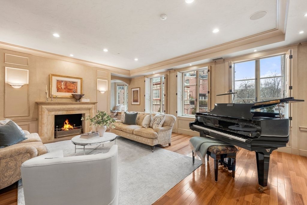 Fireplace, Interior, Living room, Piano, Recessed Lighting, Wood Texture Flooring