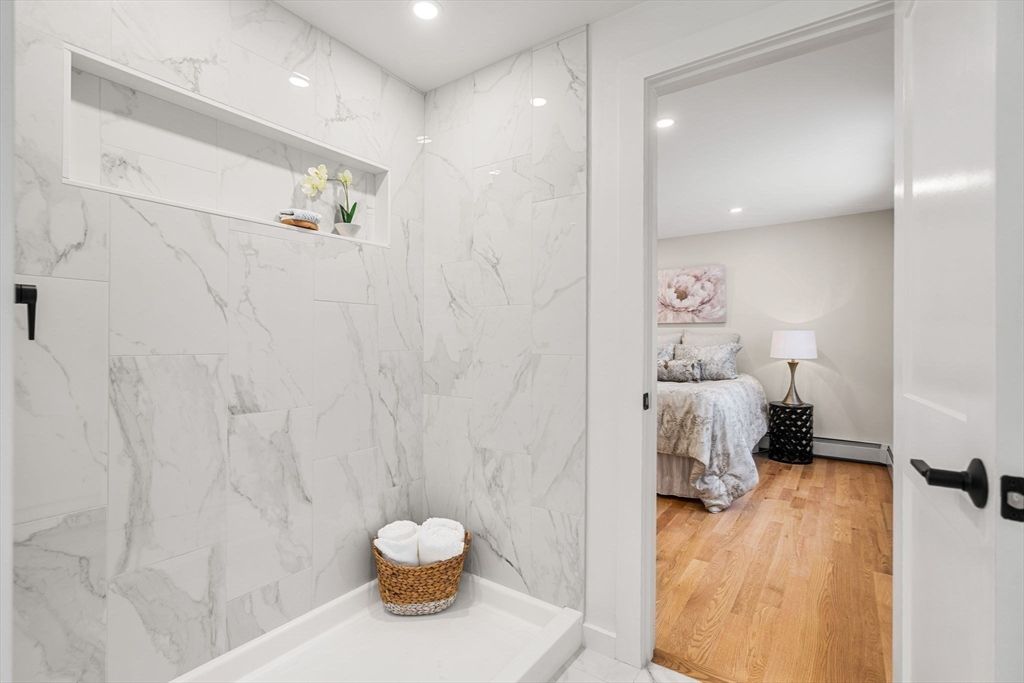 Bathroom, Bedroom, Interior, Marble Walls, Recessed Lighting, Wood Texture Flooring