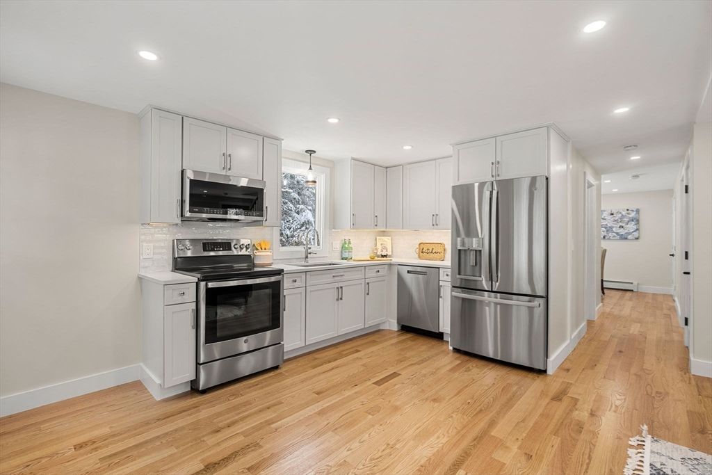 Interior, Kitchen, Pendant Lights, Recessed Lighting, Stainless Steel Appliances, Wood Texture Flooring