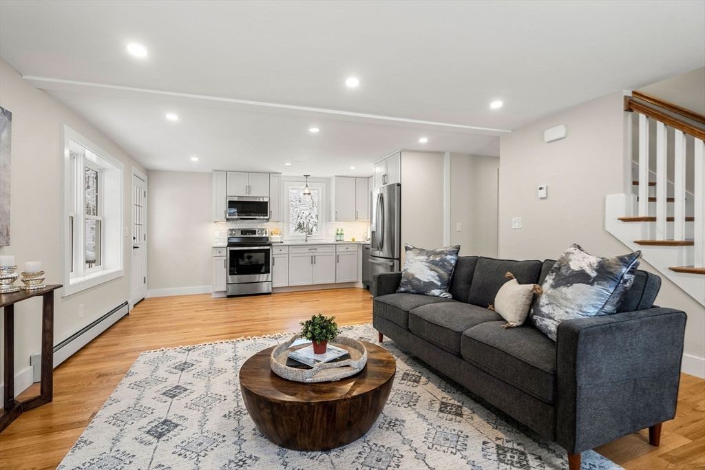 Interior, Kitchen, Living room, Recessed Lighting, Stainless Steel Appliances, Wood Texture Flooring