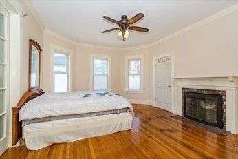 Bedroom, Fireplace, Interior, Wood Texture Flooring