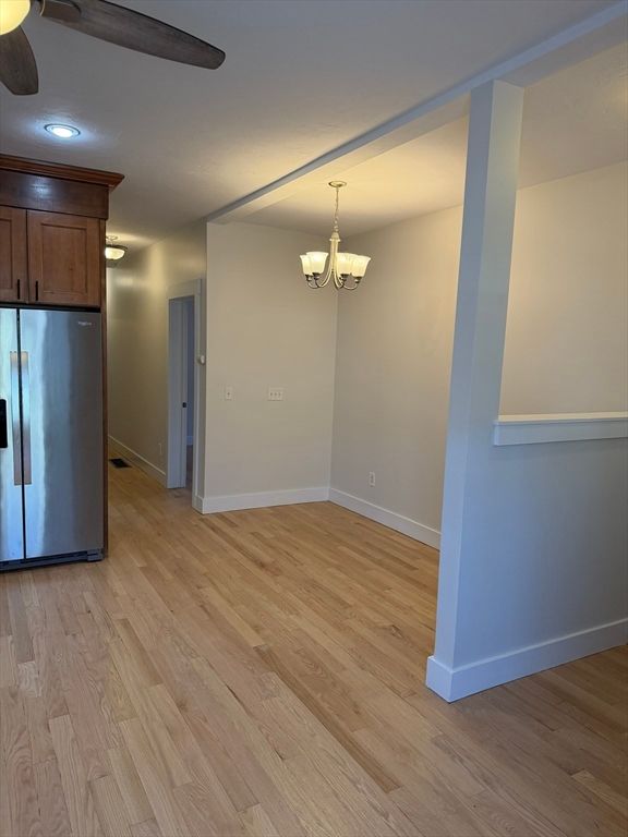 Chandelier, Empty room, Interior, Kitchen, Recessed Lighting, Wood Texture Flooring