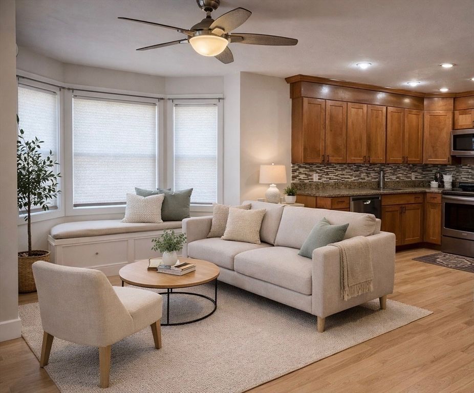 Interior, Kitchen, Living room, Recessed Lighting, Stainless Steel Appliances, Wood Texture Flooring