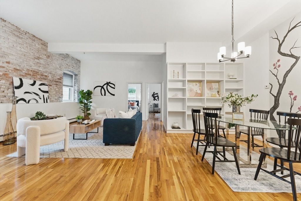 Dining room, Interior, Living room, Pendant Lights, Stone Walls, Wood Texture Flooring