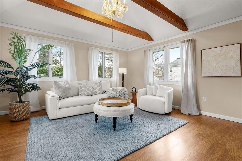 Chandelier, Interior, Living room, Wooden Beams, Wood Texture Flooring