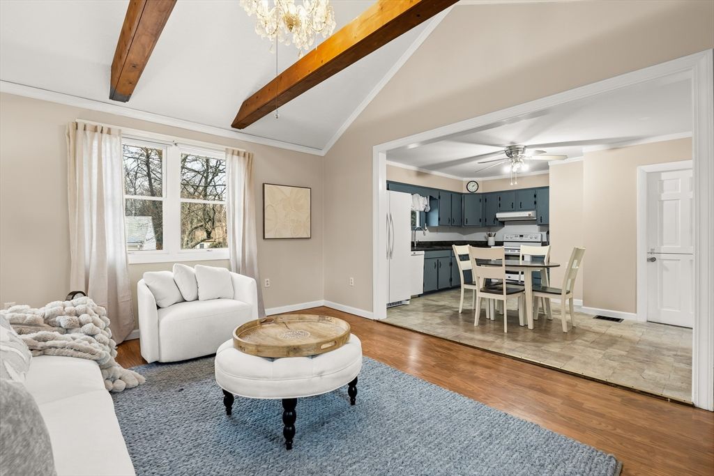 Chandelier, Dining room, Interior, Kitchen, Living room, Wooden Beams, Wood Texture Flooring