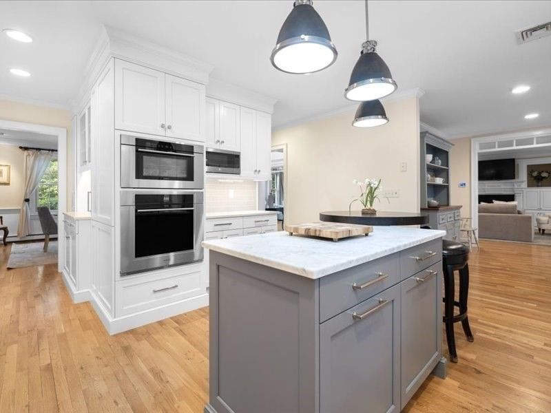 Interior, Kitchen, Pendant Lights, Recessed Lighting, Stainless Steel Appliances, Wood Texture Flooring