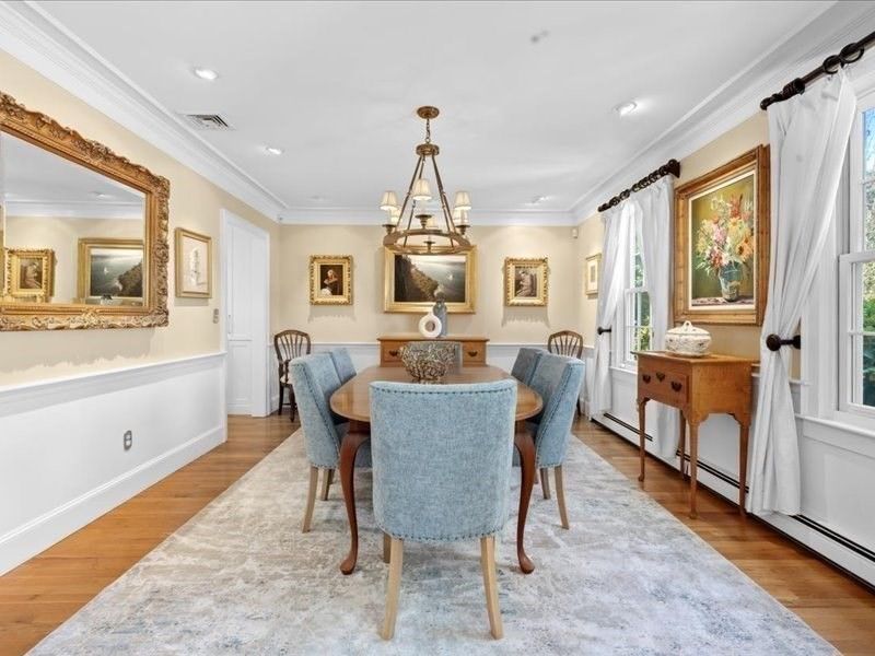 Dining room, Interior, Pendant Lights, Recessed Lighting, Wood Texture Flooring