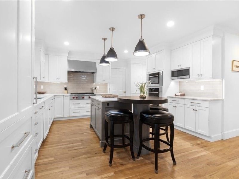 Interior, Kitchen, Pendant Lights, Recessed Lighting, Stainless Steel Appliances, Wood Texture Flooring