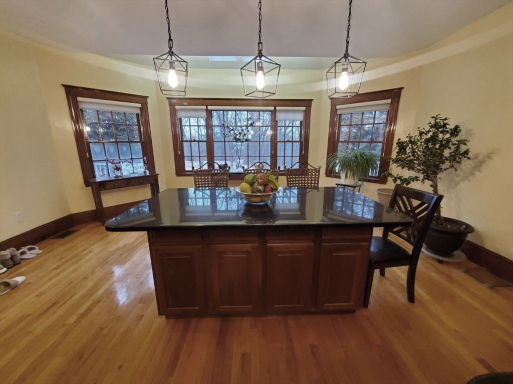 Dining room, Interior, Pendant Lights, Wood Texture Flooring