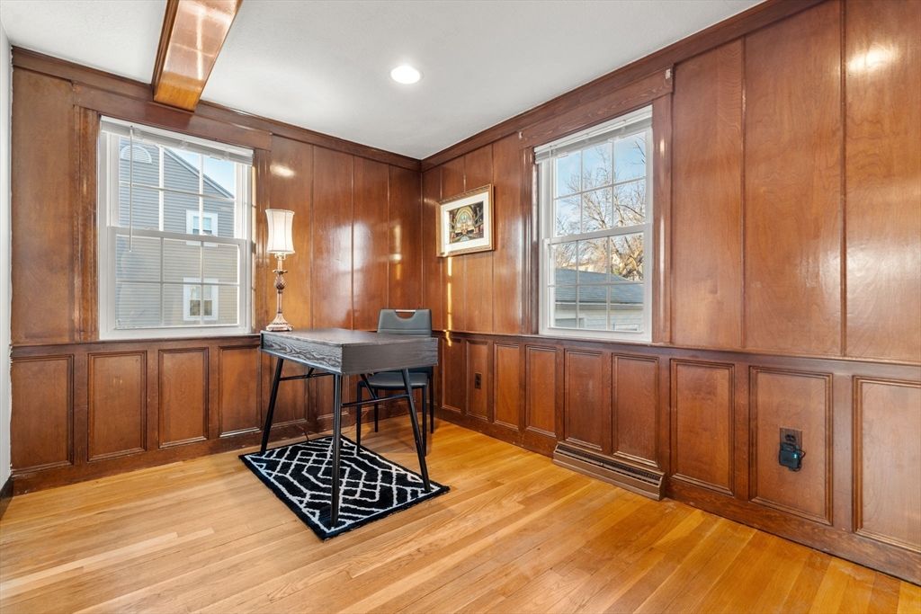 Home Office, Interior, Recessed Lighting, Wood Texture Flooring, Wooden Walls