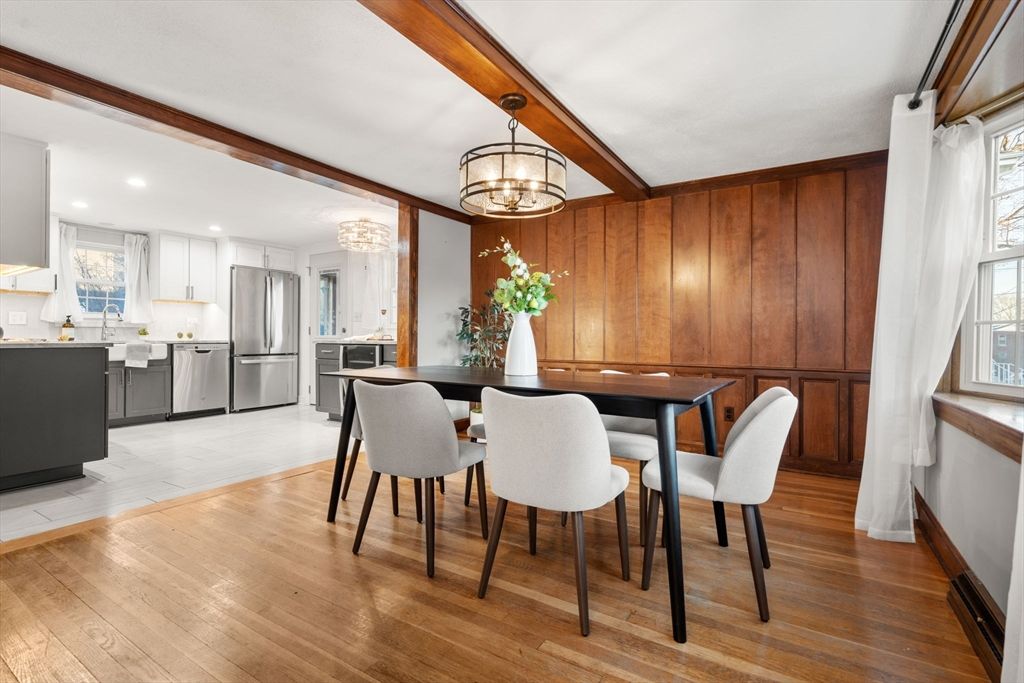 Chandelier, Dining room, Interior, Kitchen, Recessed Lighting, Stainless Steel Appliances, Wood Texture Flooring