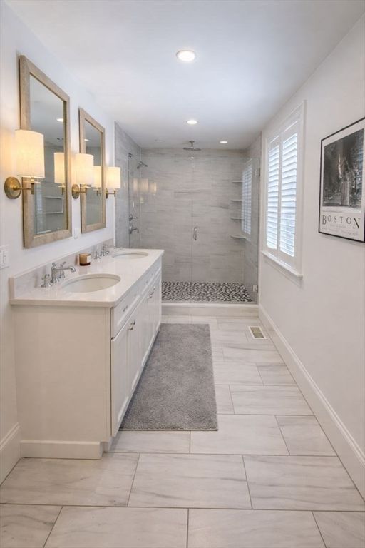 Bathroom, Dual Sink Vanities, Glass Shower, Interior, Recessed Lighting