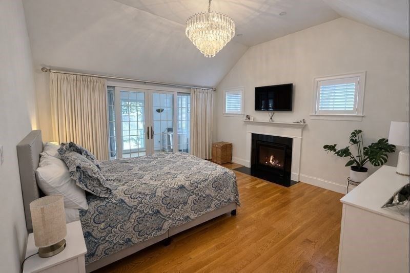 Bedroom, Chandelier, Fireplace, Interior, Wood Texture Flooring