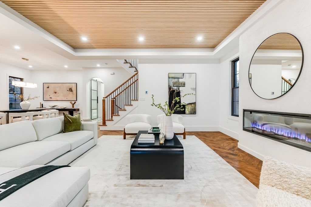 Dining room, Fireplace, Interior, Living room, Pendant Lights, Recessed Lighting, Wood Texture Flooring