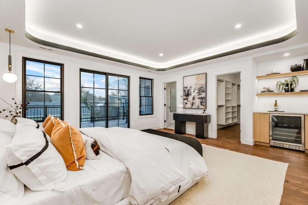 Bedroom, Interior, Pendant Lights, Recessed Lighting, Wood Texture Flooring