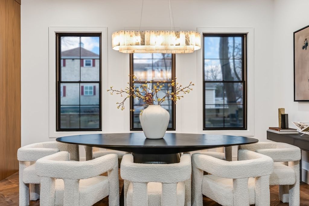 Dining room, Interior, Pendant Lights, Wood Texture Flooring