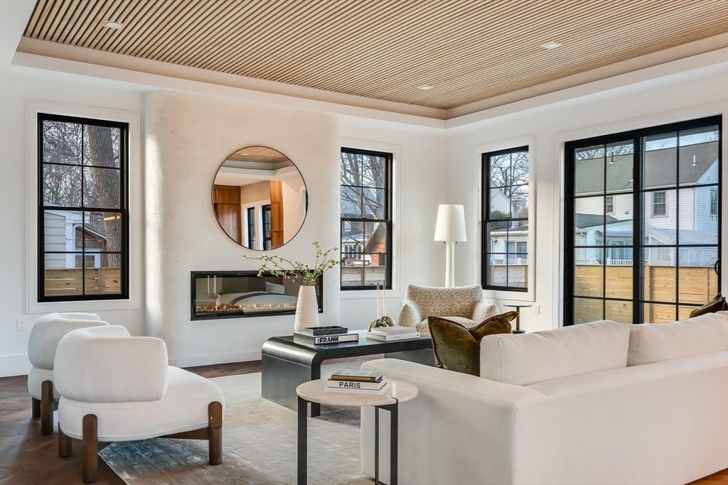 Fireplace, Interior, Living room, Recessed Lighting, Wooden Ceilings, Wood Texture Flooring