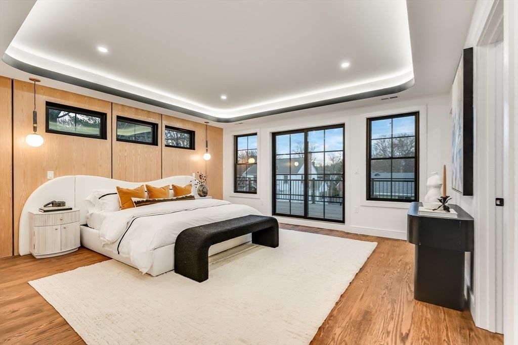 Bedroom, Interior, Recessed Lighting, Wood Texture Flooring, Wooden Walls