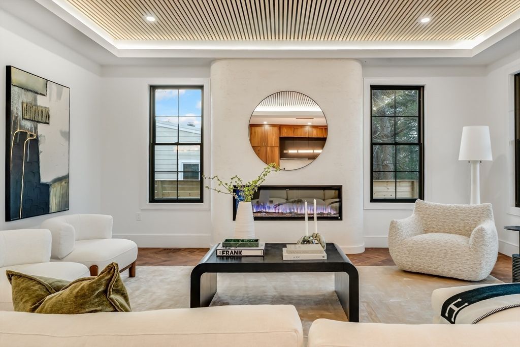 Fireplace, Interior, Living room, Recessed Lighting, Wooden Ceilings, Wood Texture Flooring