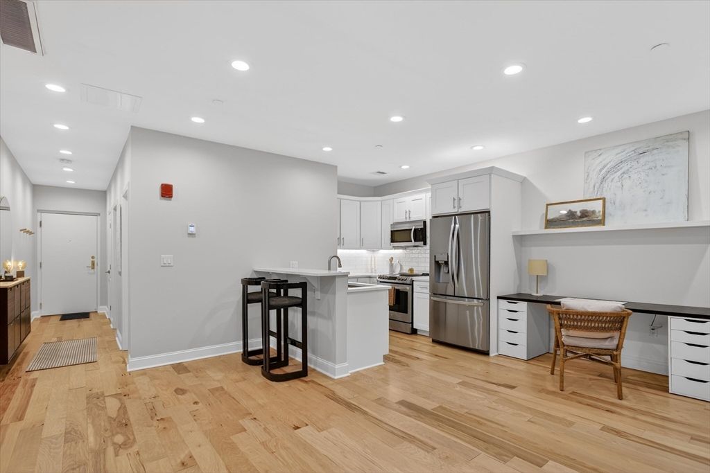 Interior, Kitchen, Recessed Lighting, Stainless Steel Appliances, Wood Texture Flooring