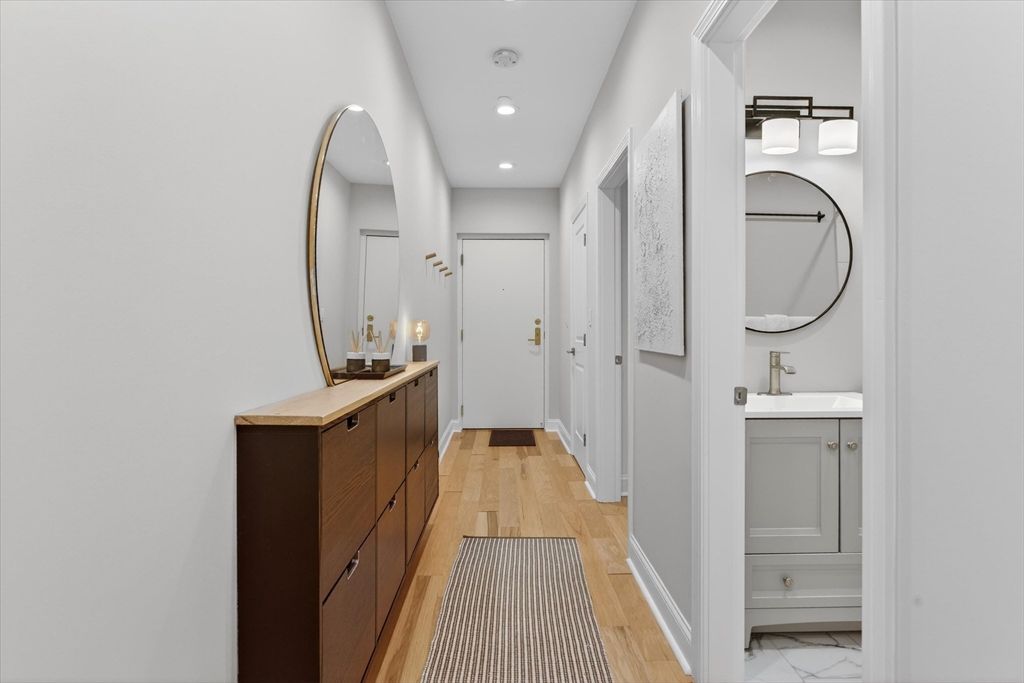 Bathroom, Dual Sink Vanities, Interior, Recessed Lighting, Wood Texture Flooring