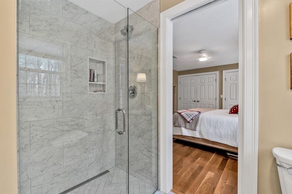 Bathroom, Bedroom, Glass Shower, Interior, Marble Walls, Wood Texture Flooring