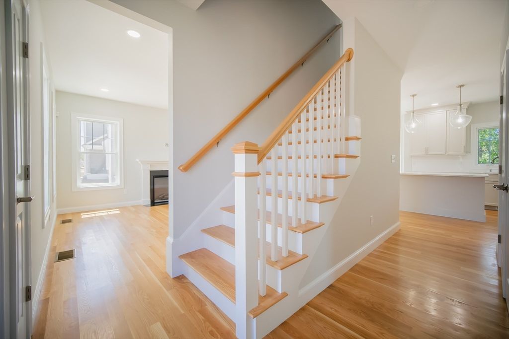 Fireplace, Interior, Pendant Lights, Recessed Lighting, Wood Texture Flooring