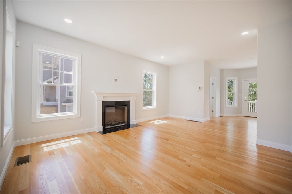 Empty room, Fireplace, Interior, Recessed Lighting, Wood Texture Flooring