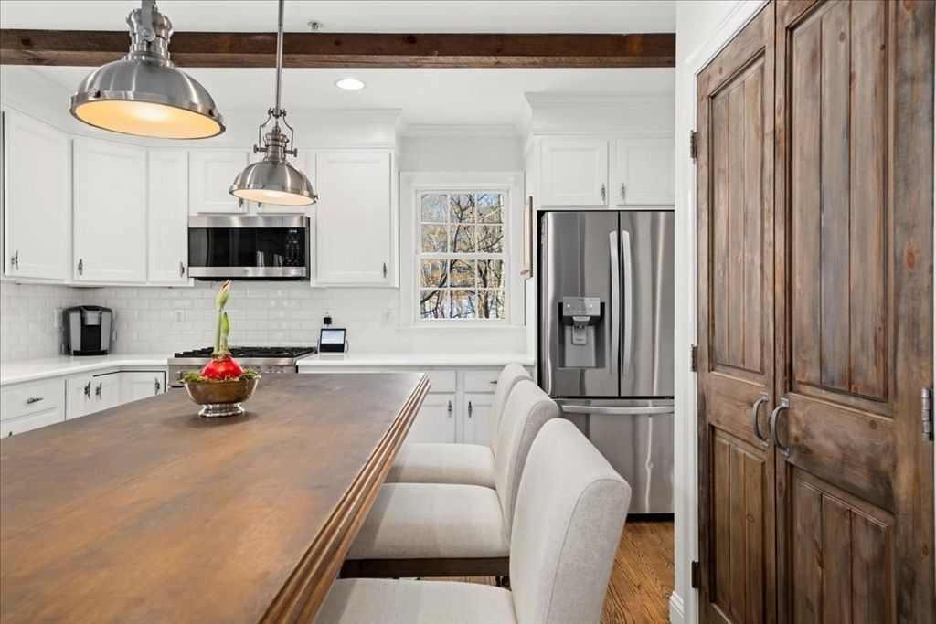 Interior, Kitchen, Pendant Lights, Recessed Lighting, Stainless Steel Appliances, Wooden Beams, Wood Texture Flooring