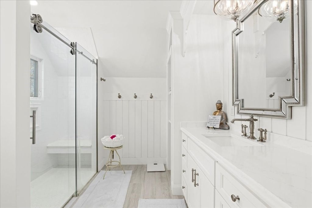 Bathroom, Glass Shower, Interior, Wood Texture Flooring